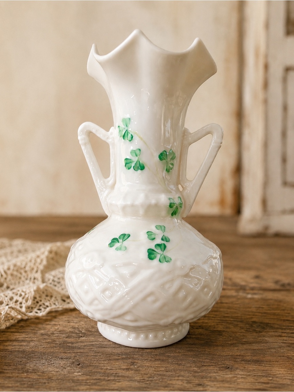 Vintage Belleek Ireland Vase with Shamrocks-Excellent condition